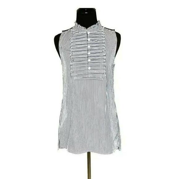 J. Crew Blue White Pinstripe Ruffle Sleeveless Top Size 0 - Picture 1 of 6